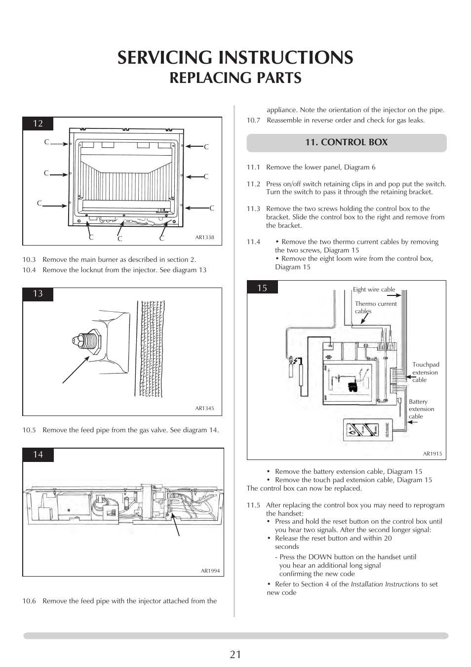 Servicing instructions, Replacing parts, Control box | Stovax PR0731 User Manual | Page 21 / 26