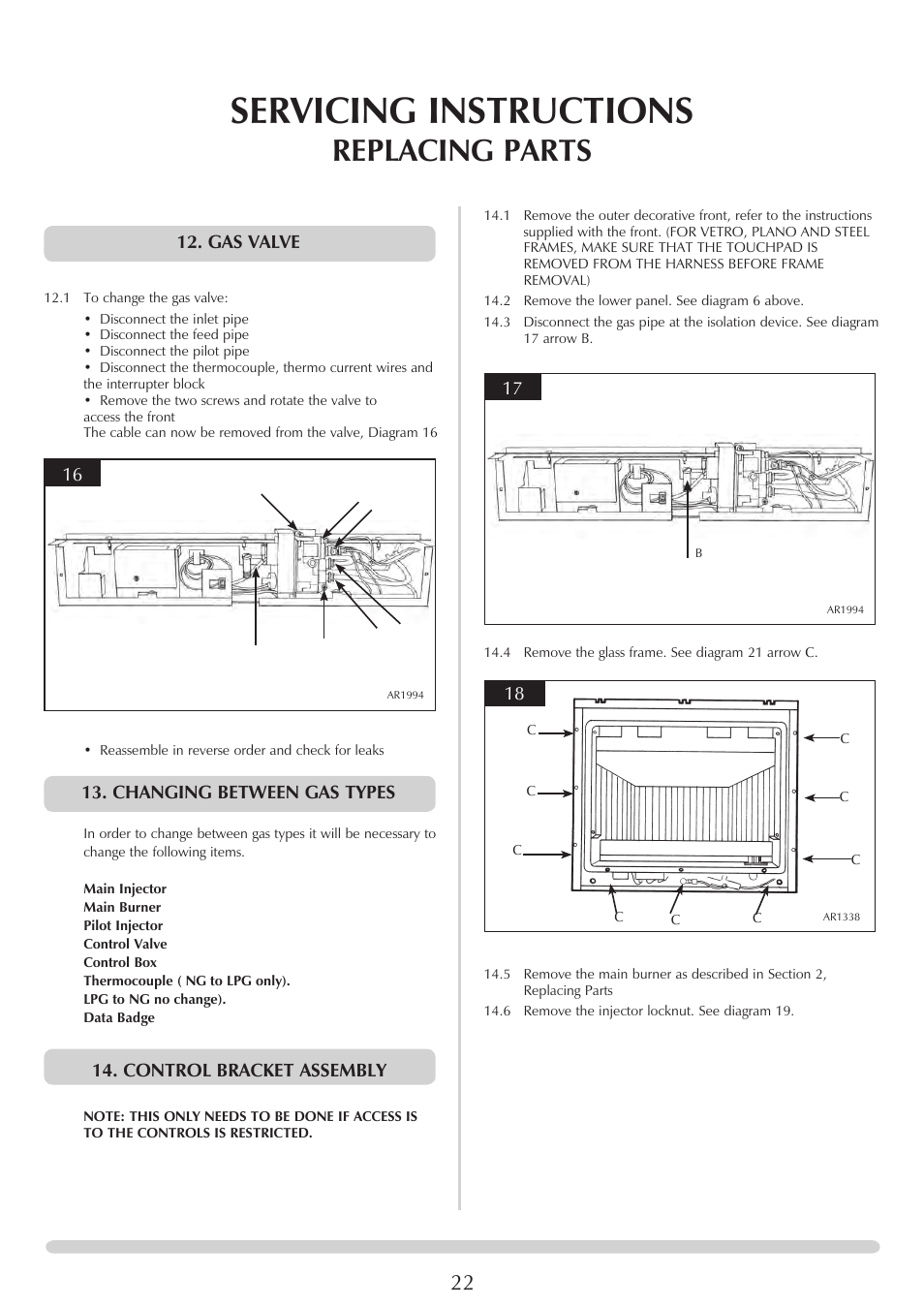 Servicing instructions, Replacing parts, Gas valve | Changing between gas types, Control bracket assembly | Stovax PR0731 User Manual | Page 22 / 26