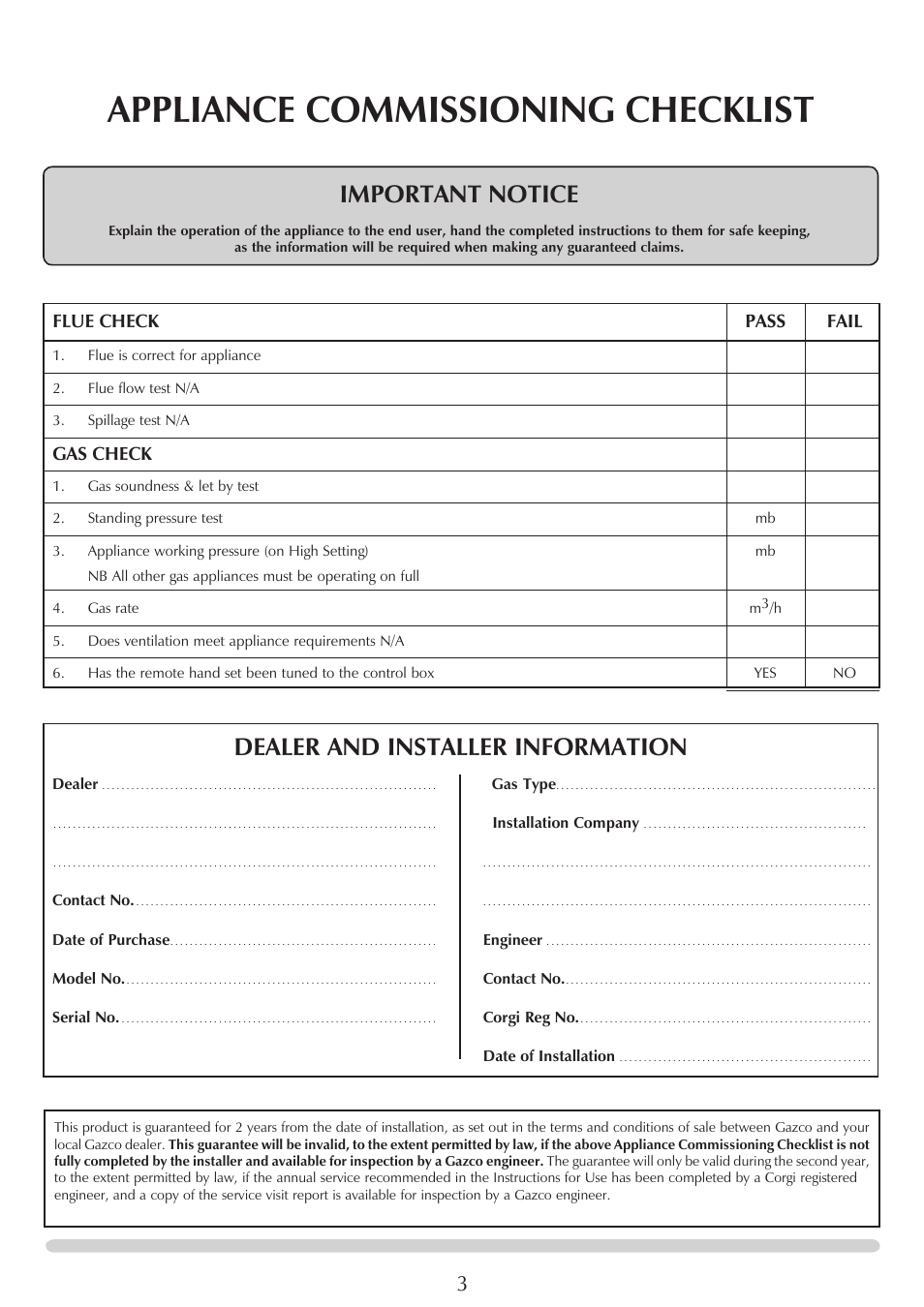 Appliance commissioning checklist, Important notice, Dealer and installer information | Flue check pass fail, Gas check | Stovax PR0731 User Manual | Page 3 / 26