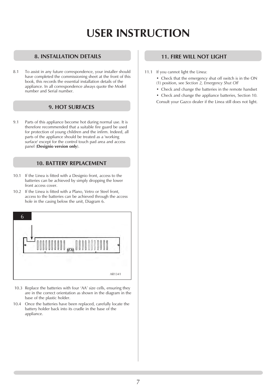 User instruction, Installation details, Hot surfaces | Battery replacement, Fire will not light | Stovax PR0731 User Manual | Page 7 / 26