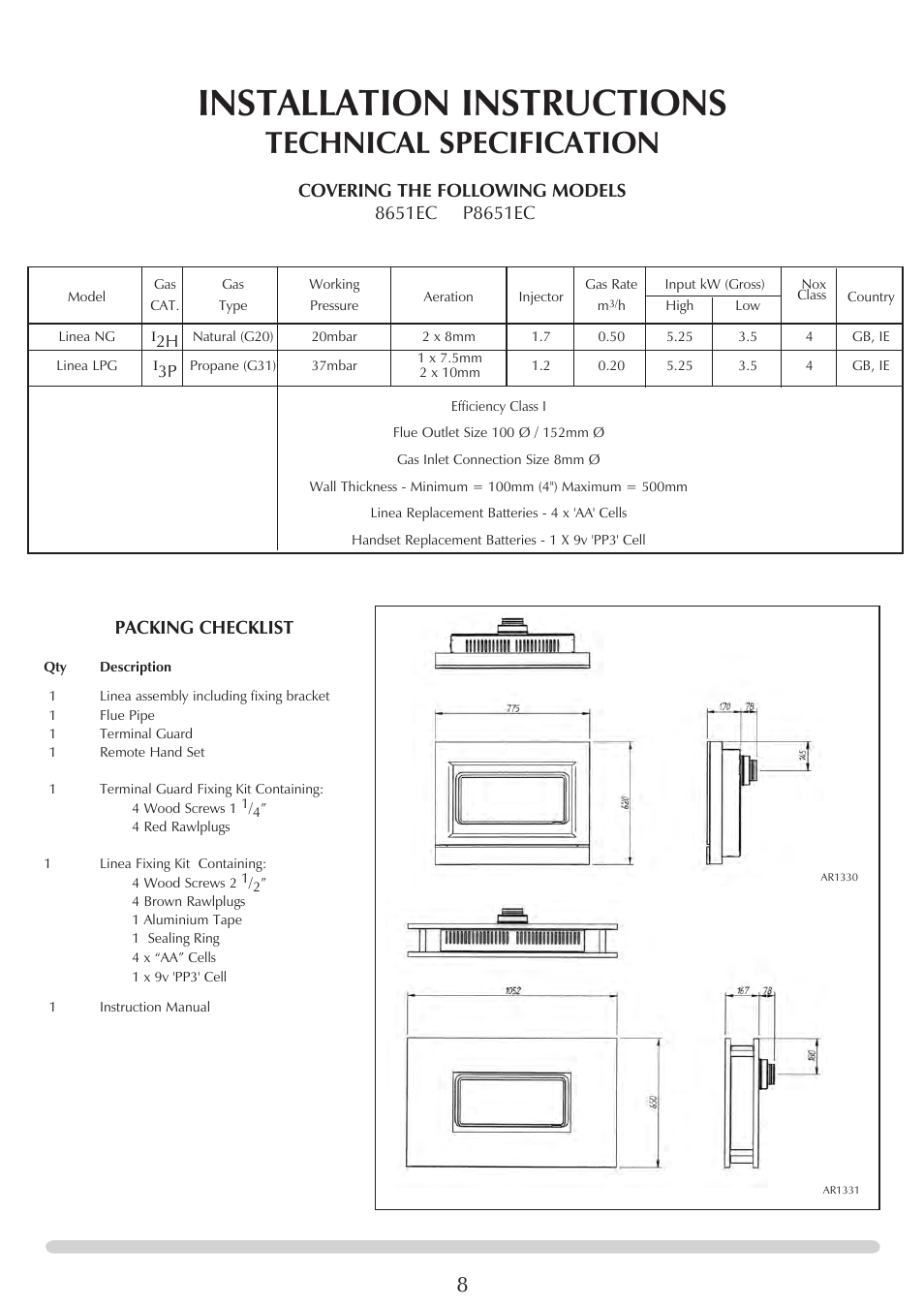 Installation instructions, Technical specification, Packing checklist | Stovax PR0731 User Manual | Page 8 / 26