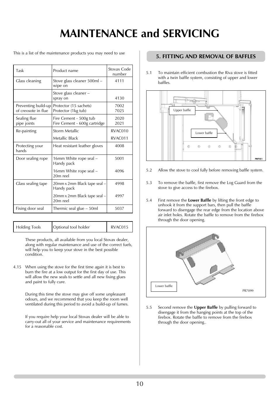 Maintenance and servicing, Fitting and removal of baffles | Stovax RVF40AVH User Manual | Page 10 / 16