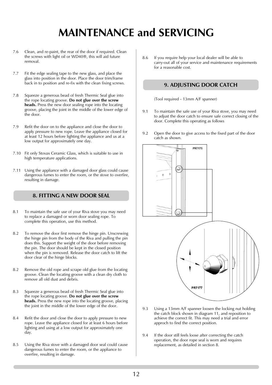 Maintenance and servicing, Fitting a new door seal 9. adjusting door catch | Stovax RVF40AVH User Manual | Page 12 / 16