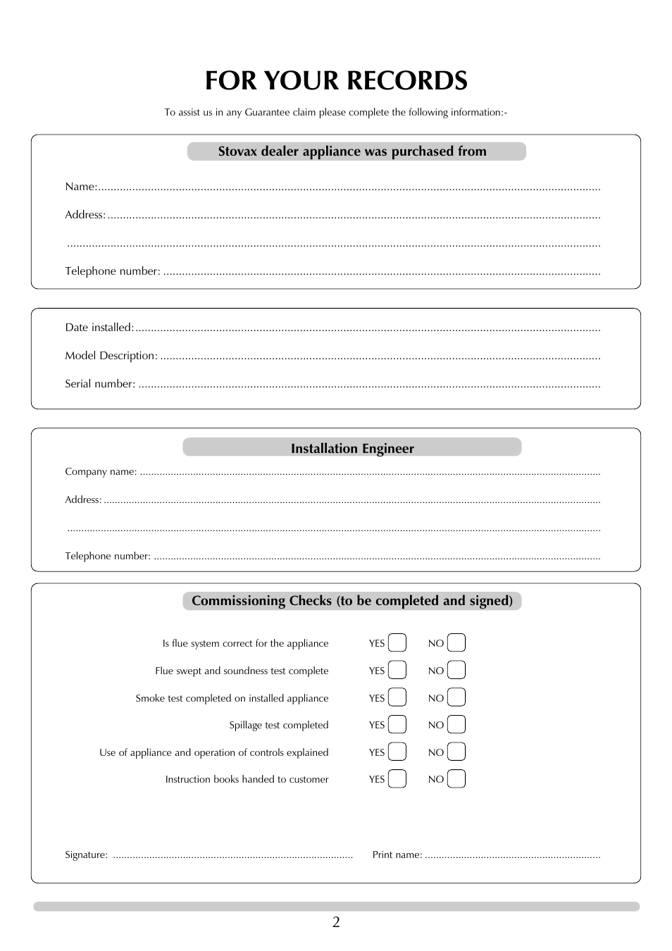 For your records | Stovax RVF40AVH User Manual | Page 2 / 16