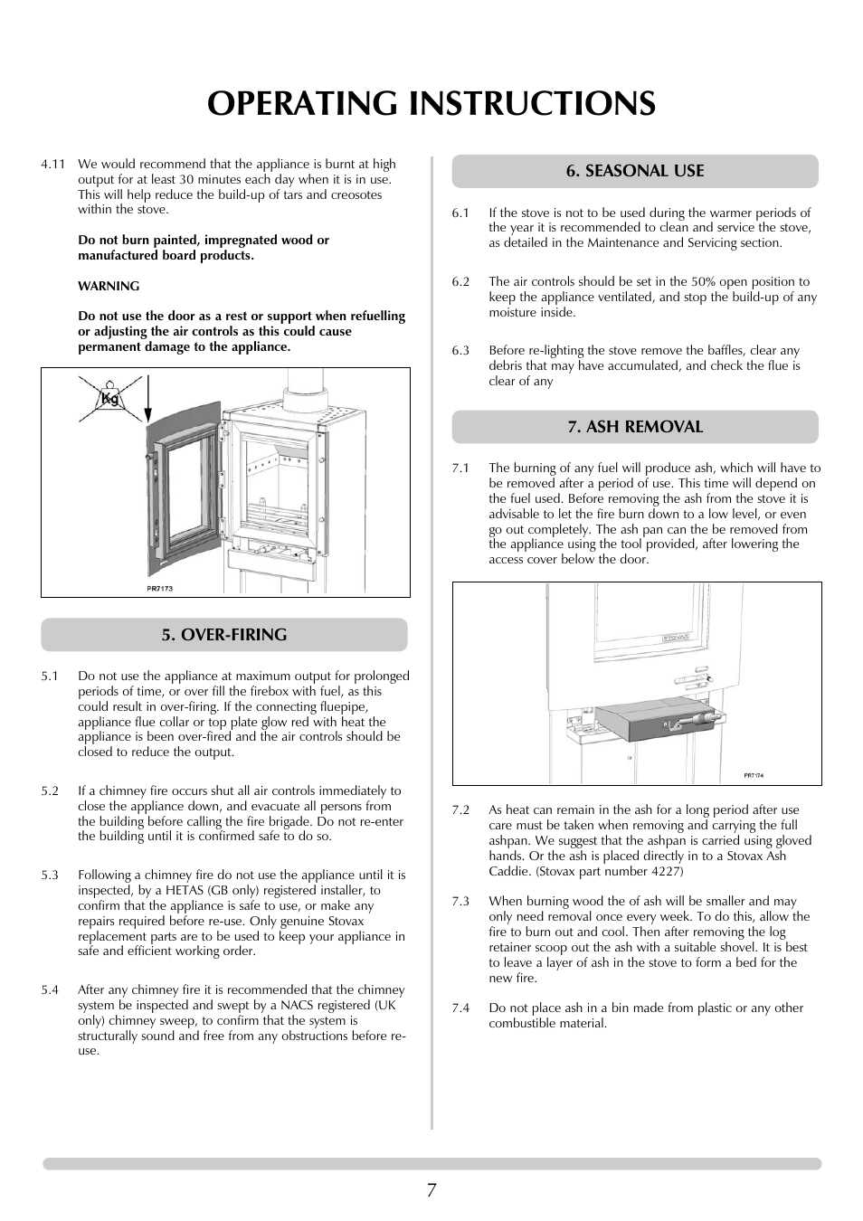 Operating instructions, Over-firing 6. seasonal use 7. ash removal | Stovax RVF40AVH User Manual | Page 7 / 16