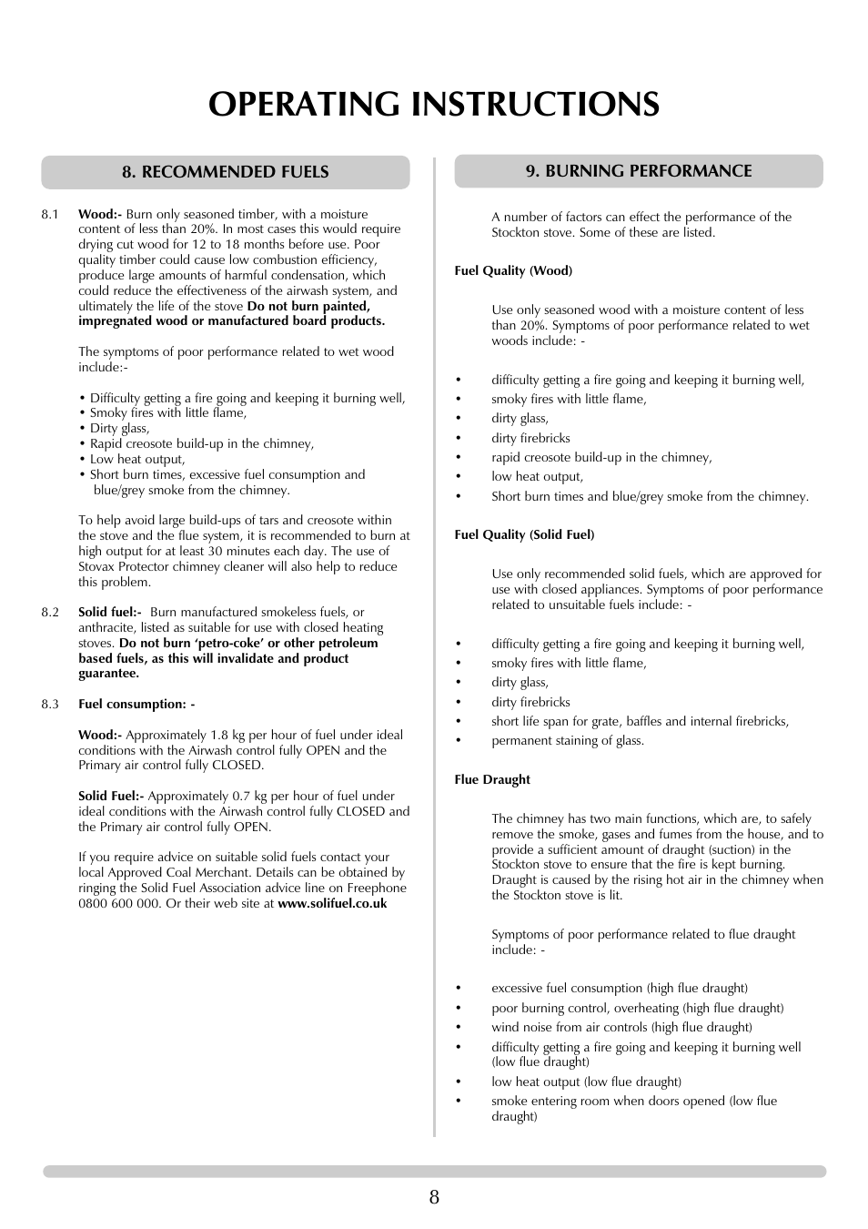 Operating instructions, Recommended fuels 9. burning performance | Stovax RVF40AVH User Manual | Page 8 / 16