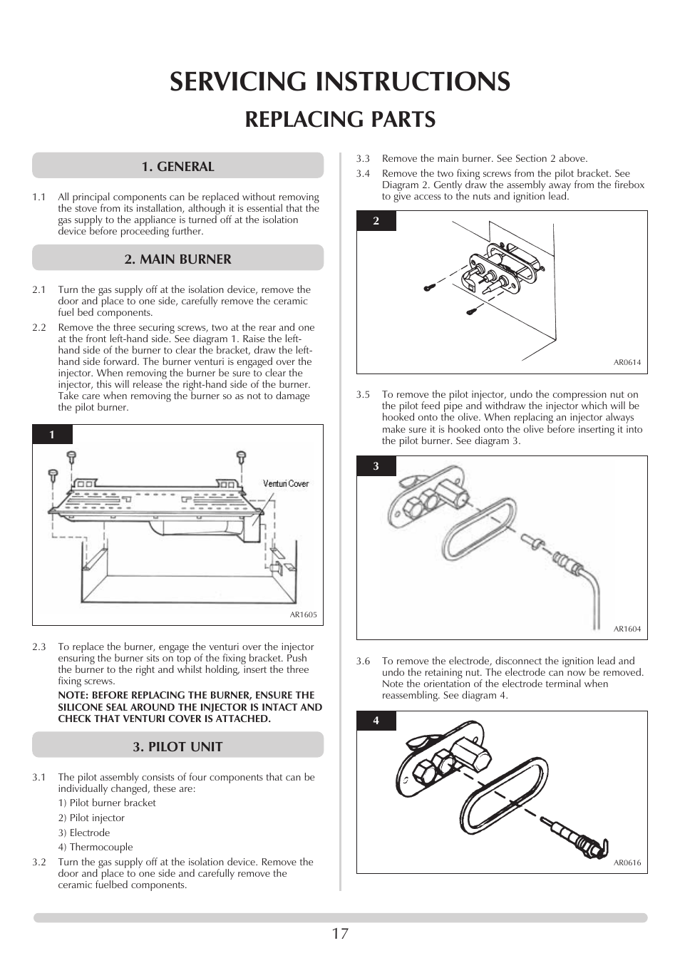 Servicing instructions, Replacing parts, General | Main burner, Pilot unit | Stovax Stove Range User Manual | Page 17 / 23