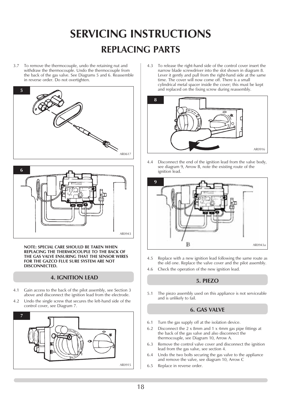 Servicing instructions, Replacing parts, Ignition lead | Piezo, Gas valve | Stovax Stove Range User Manual | Page 18 / 23