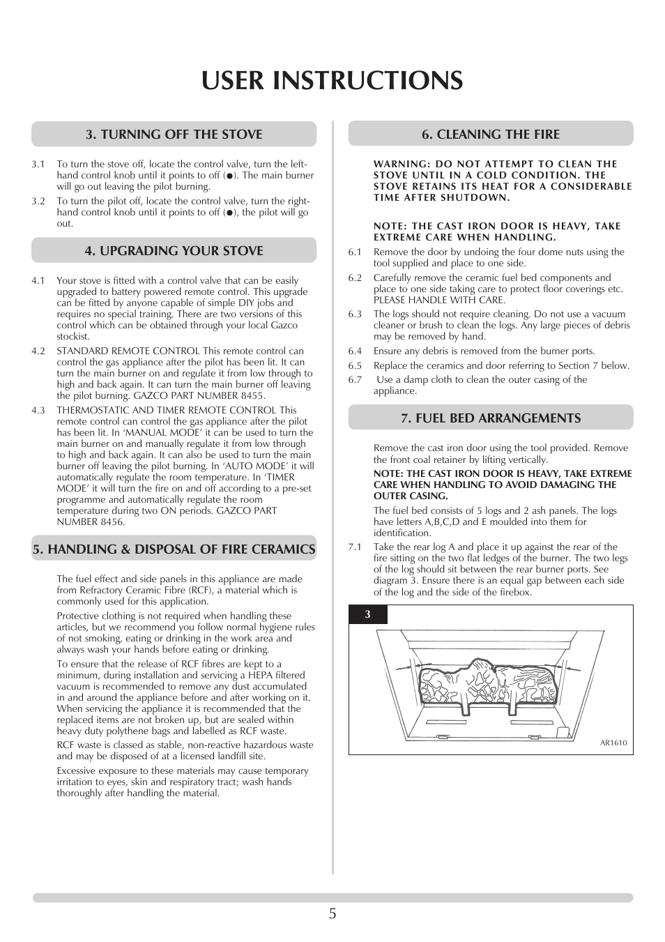 User instructions, Cleaning the fire, Fuel bed arrangements | Turning off the stove, Upgrading your stove, Handling & disposal of fire ceramics | Stovax Stove Range User Manual | Page 5 / 23