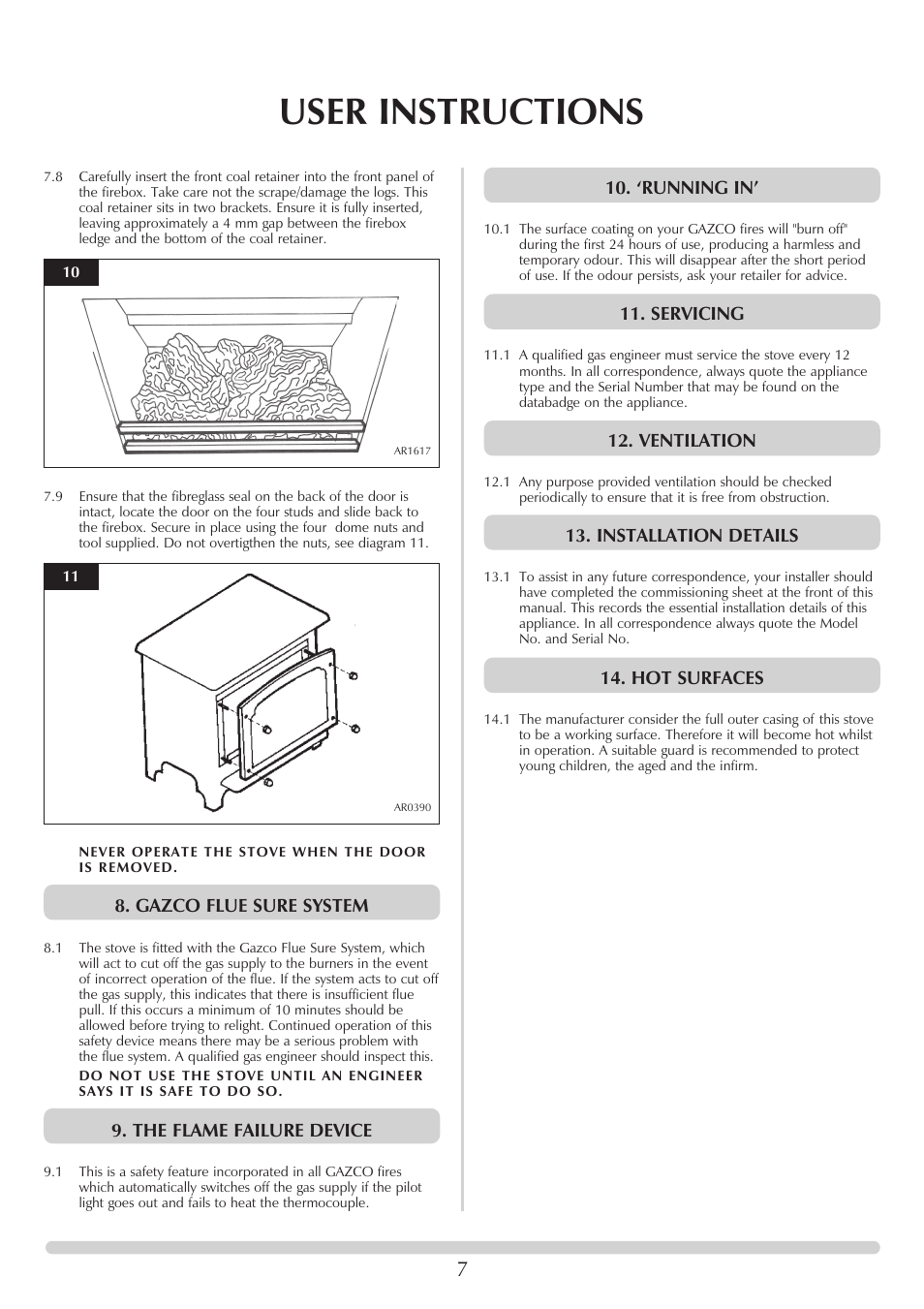 User instructions, Gazco flue sure system, The flame failure device | ‘running in, Servicing, Ventilation, Installation details, Hot surfaces | Stovax Stove Range User Manual | Page 7 / 23