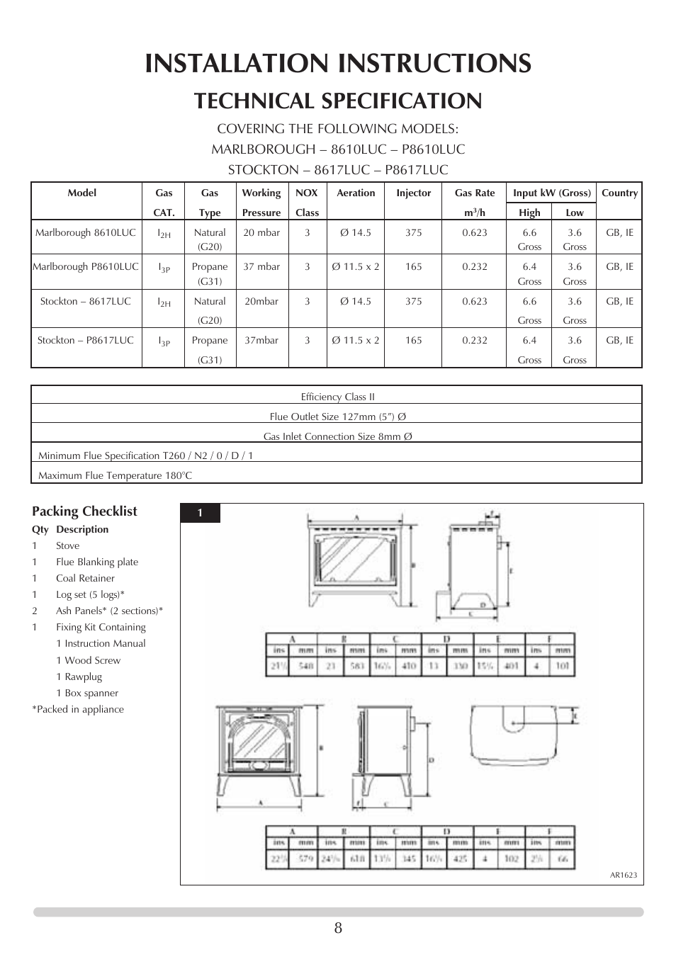 Installation instructions, Technical specification, Packing checklist | Stovax Stove Range User Manual | Page 8 / 23