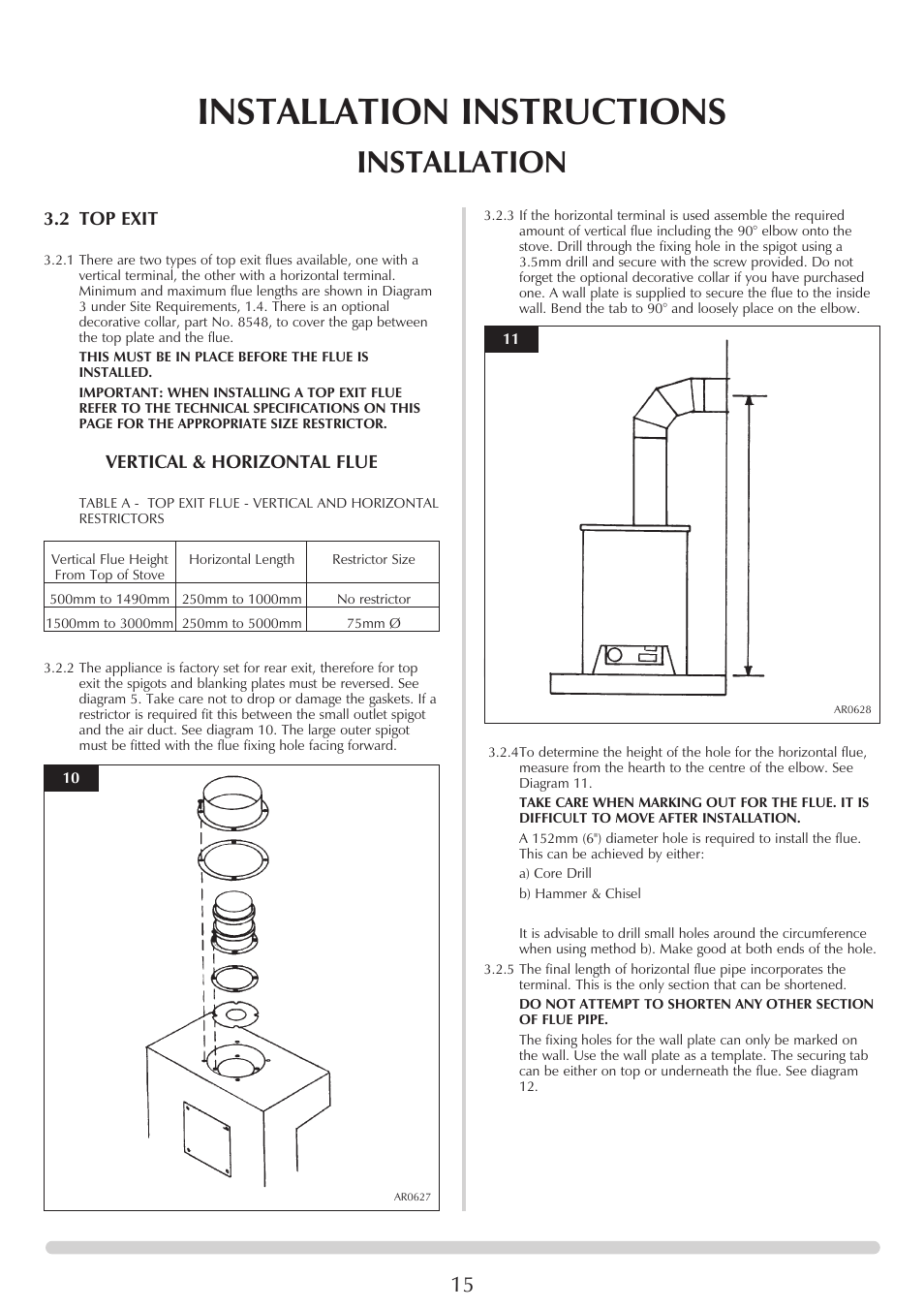 Installation instructions, Installation, 2 top exit | Vertical & horizontal flue | Stovax Ceramica Manhattan Wood Stove User Manual | Page 15 / 27