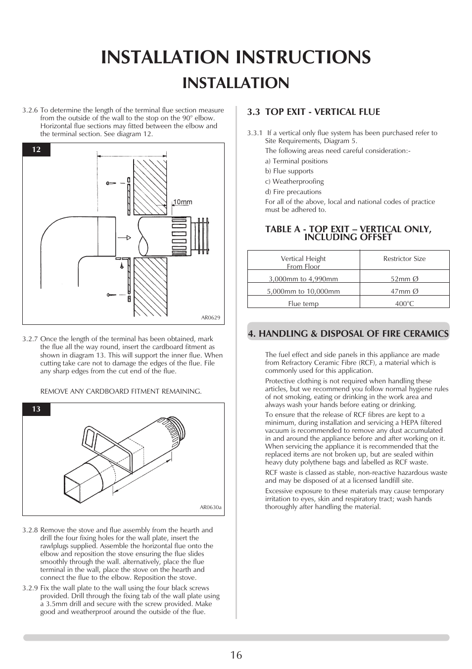 Installation instructions, Installation, 3 top exit - vertical flue | Handling & disposal of fire ceramics | Stovax Ceramica Manhattan Wood Stove User Manual | Page 16 / 27