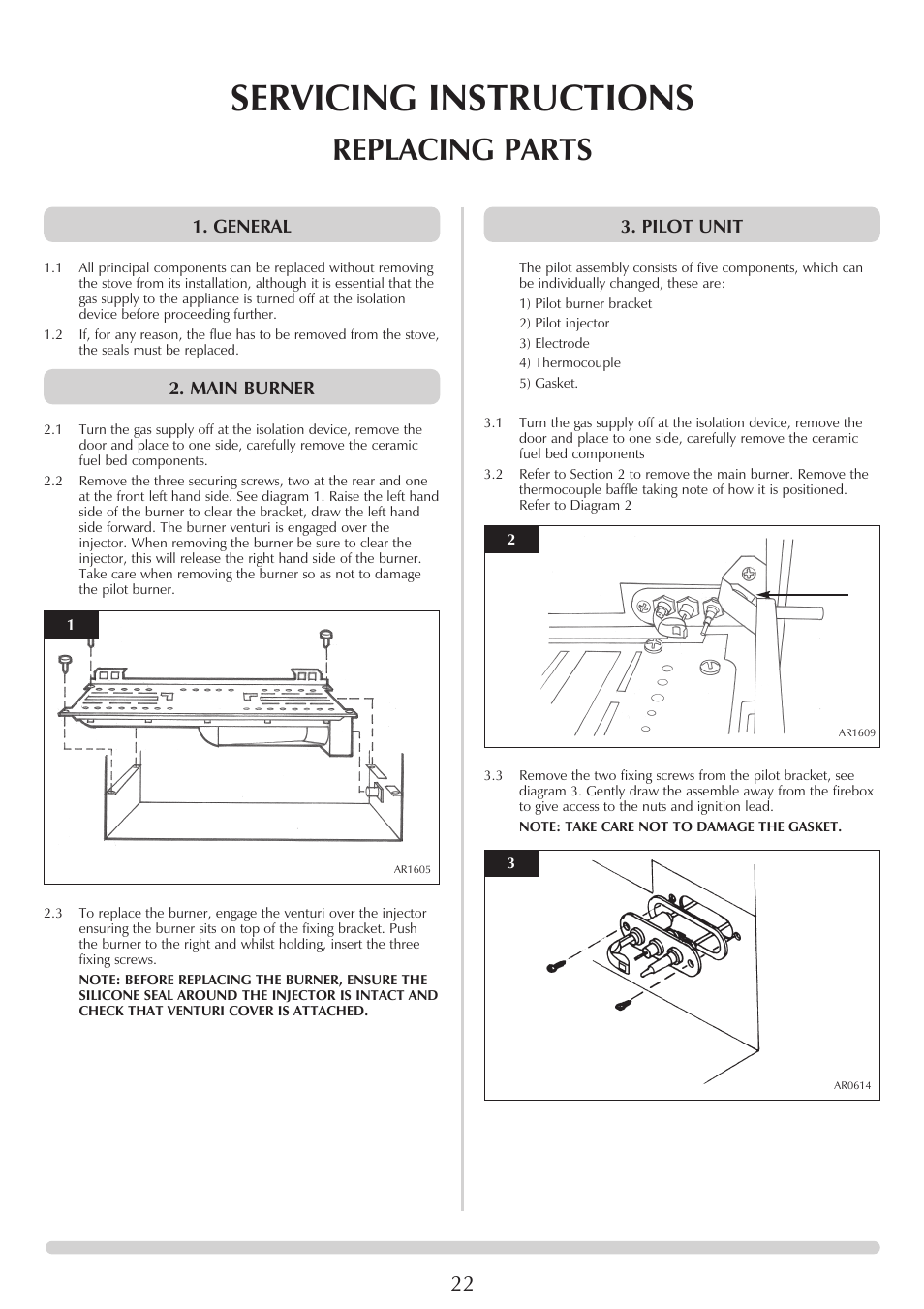 Servicing instructions, Replacing parts, General | Main burner, Pilot unit | Stovax Ceramica Manhattan Wood Stove User Manual | Page 22 / 27