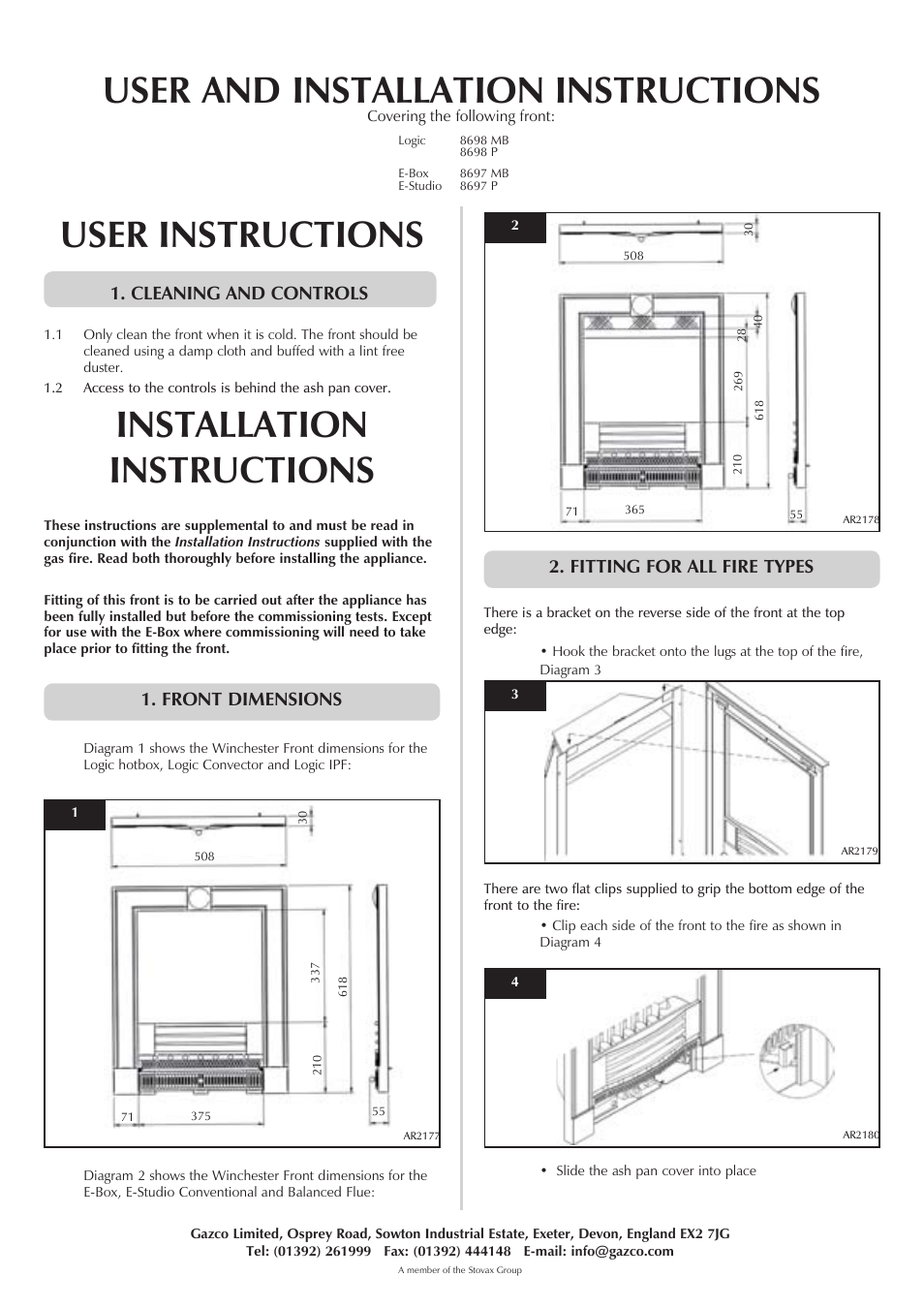 User instructions, Installation instructions, User and installation instructions | Cleaning and controls, Front dimensions, Fitting for all fire types | Stovax Winchester Front PR1018 User Manual | Page 2 / 2