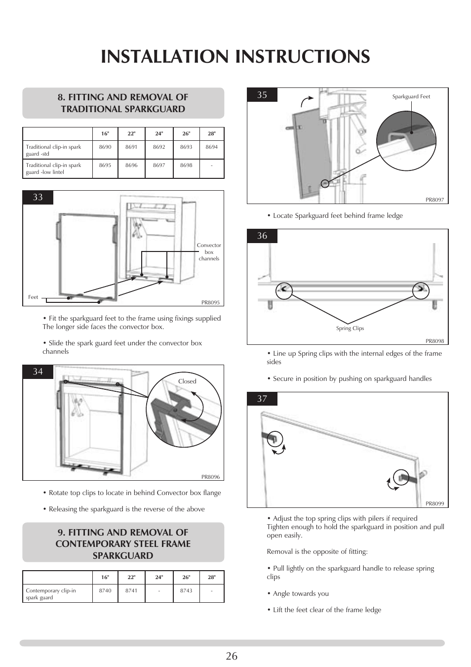 Installation instructions, Fitting and removal of traditional sparkguard | Stovax PM219 User Manual | Page 26 / 32