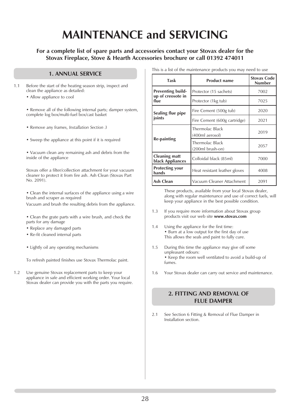 Maintenance and servicing, Annual service, Fitting and removal of flue damper | Stovax PM219 User Manual | Page 28 / 32