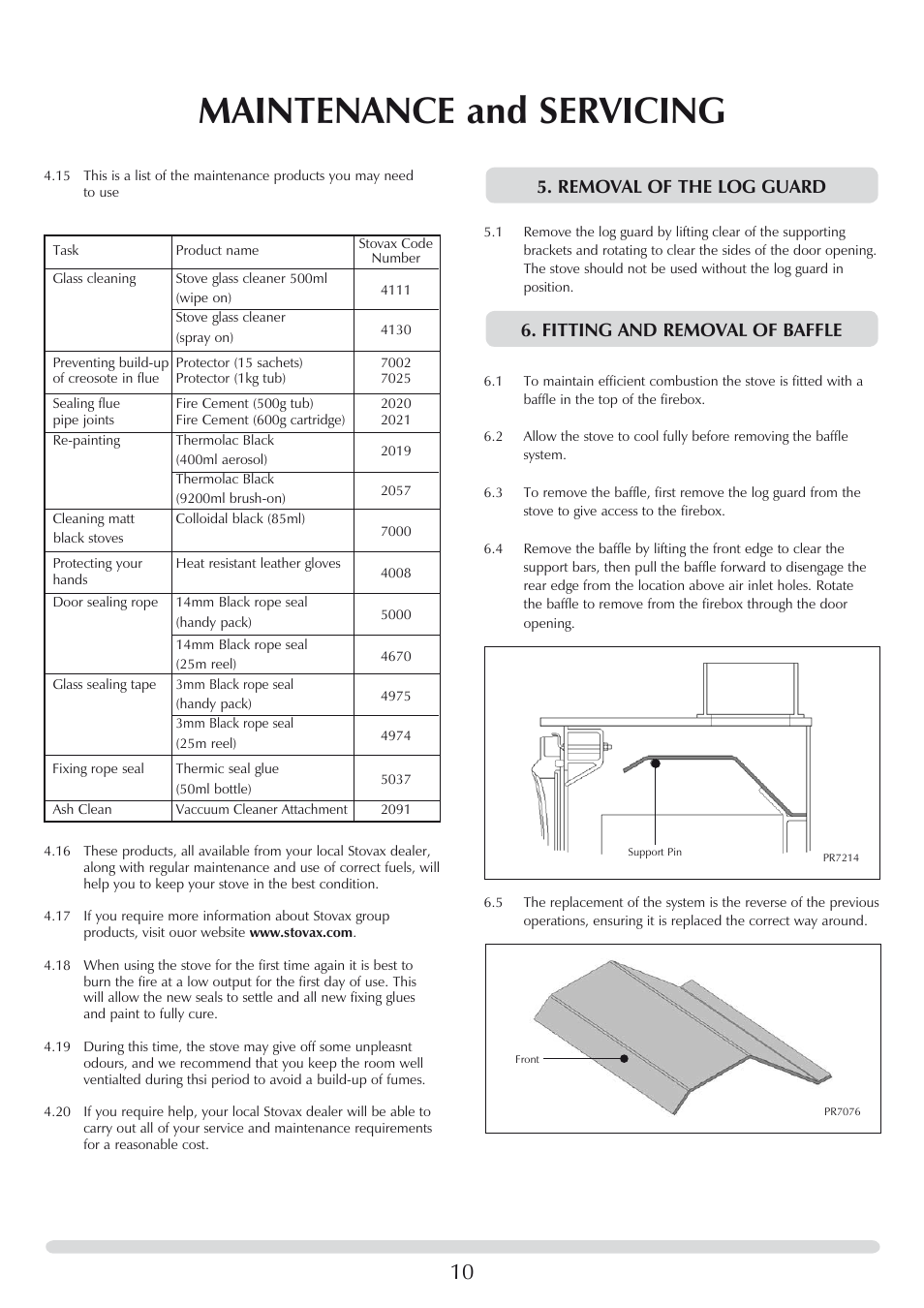 Maintenance and servicing, Removal of the log guard, Fitting and removal of baffle | Stovax 7118 User Manual | Page 10 / 16