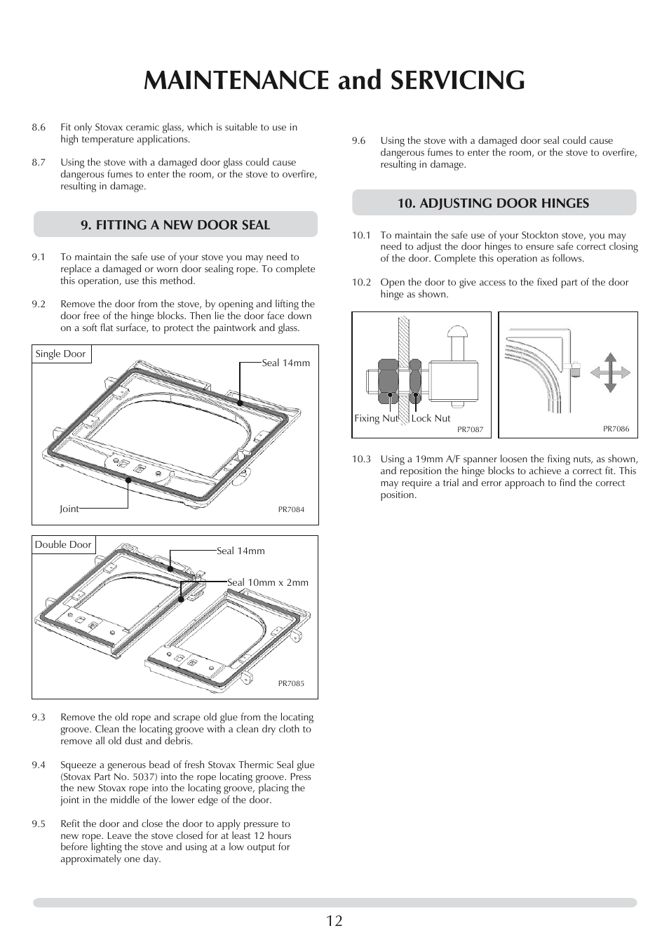 Maintenance and servicing, Fitting a new door seal, Adjusting door hinges | Stovax 7118 User Manual | Page 12 / 16