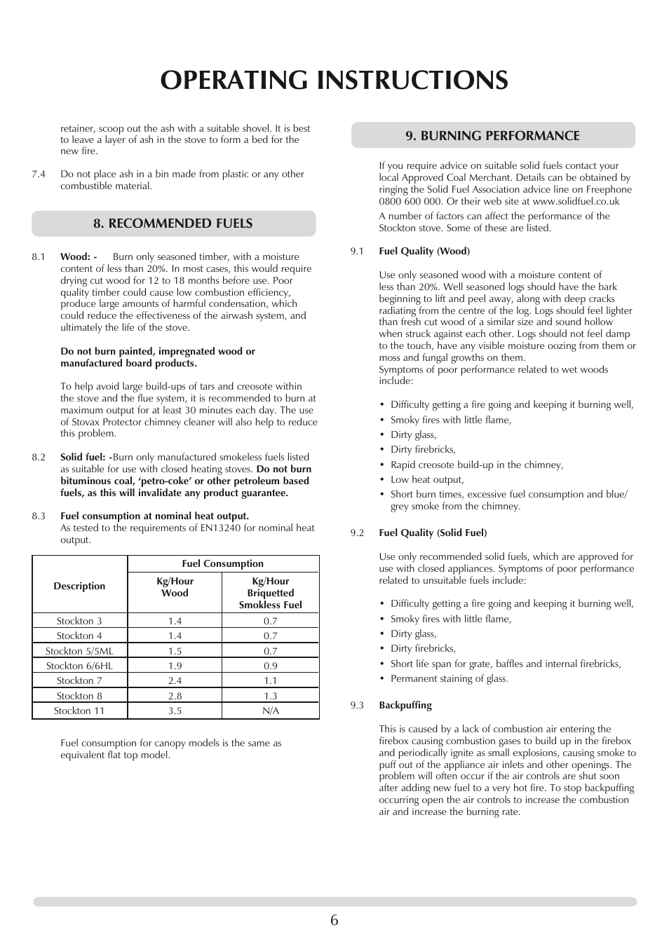 Operating instructions, Recommended fuels 9. burning performance | Stovax 7118 User Manual | Page 6 / 16