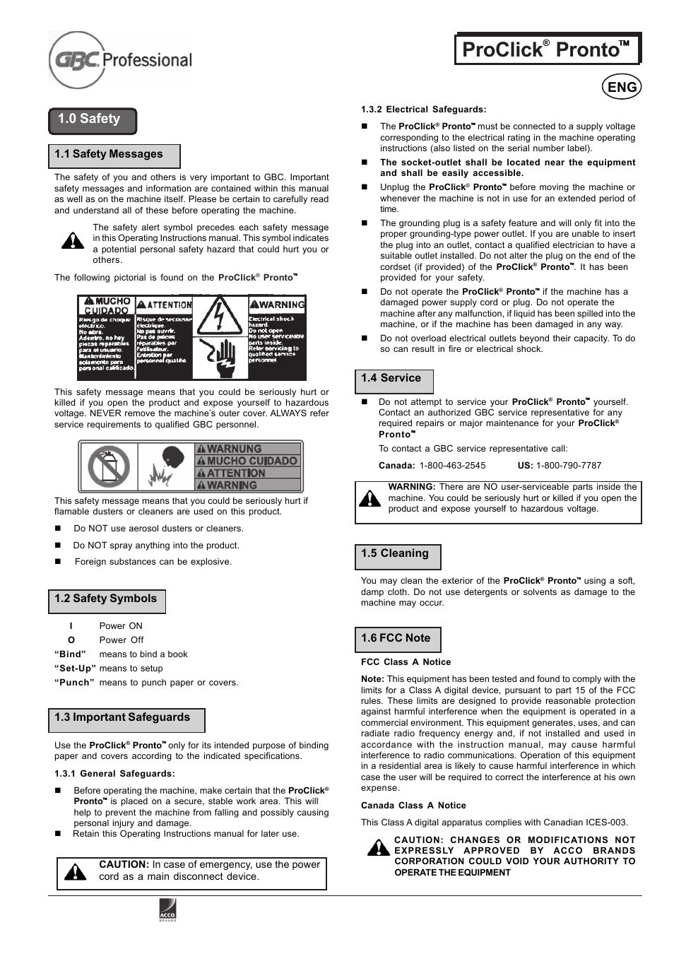 Proclick pronto, 0 safety, 4 service 1.5 cleaning | 1 safety messages, 2 safety symbols, 3 important safeguards | GBC PRO CLICK PRONTO P3000 User Manual | Page 2 / 6