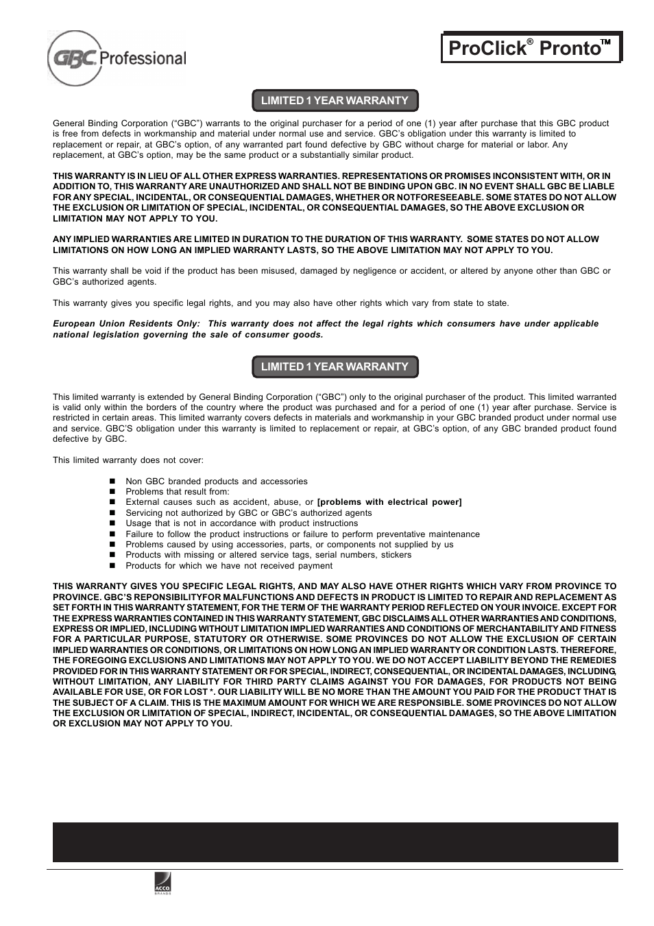 Proclick pronto | GBC PRO CLICK PRONTO P3000 User Manual | Page 6 / 6