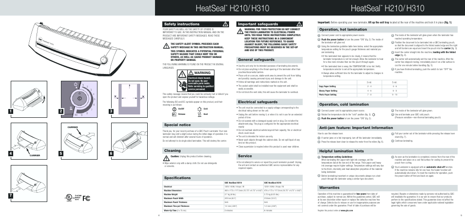 Heatseal, Electrical safeguards, Service | Cleaning general safeguards, Safety instructions, Important safeguards, Special notice, Warranties, Operation, hot lamination specifications, Helpful lamination hints | GBC HeatSeal H210 User Manual | Page 2 / 2