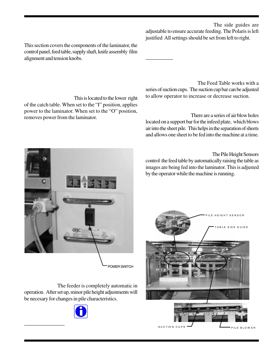 0 operation, 1 components on the laminator, Figure 5.1.1 power switch | Figure 5.1.2 feed table details | GBC 930-115 User Manual | Page 17 / 36