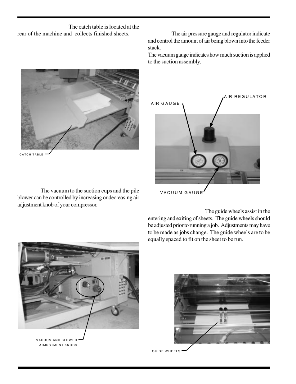 Figure 5.1.3 catch table, Figure 5.1.4 vacuum adjustment, Figure 5.1.5 air and vacuum gauges | Figure 5.1.6 guide wheels | GBC 930-115 User Manual | Page 18 / 36