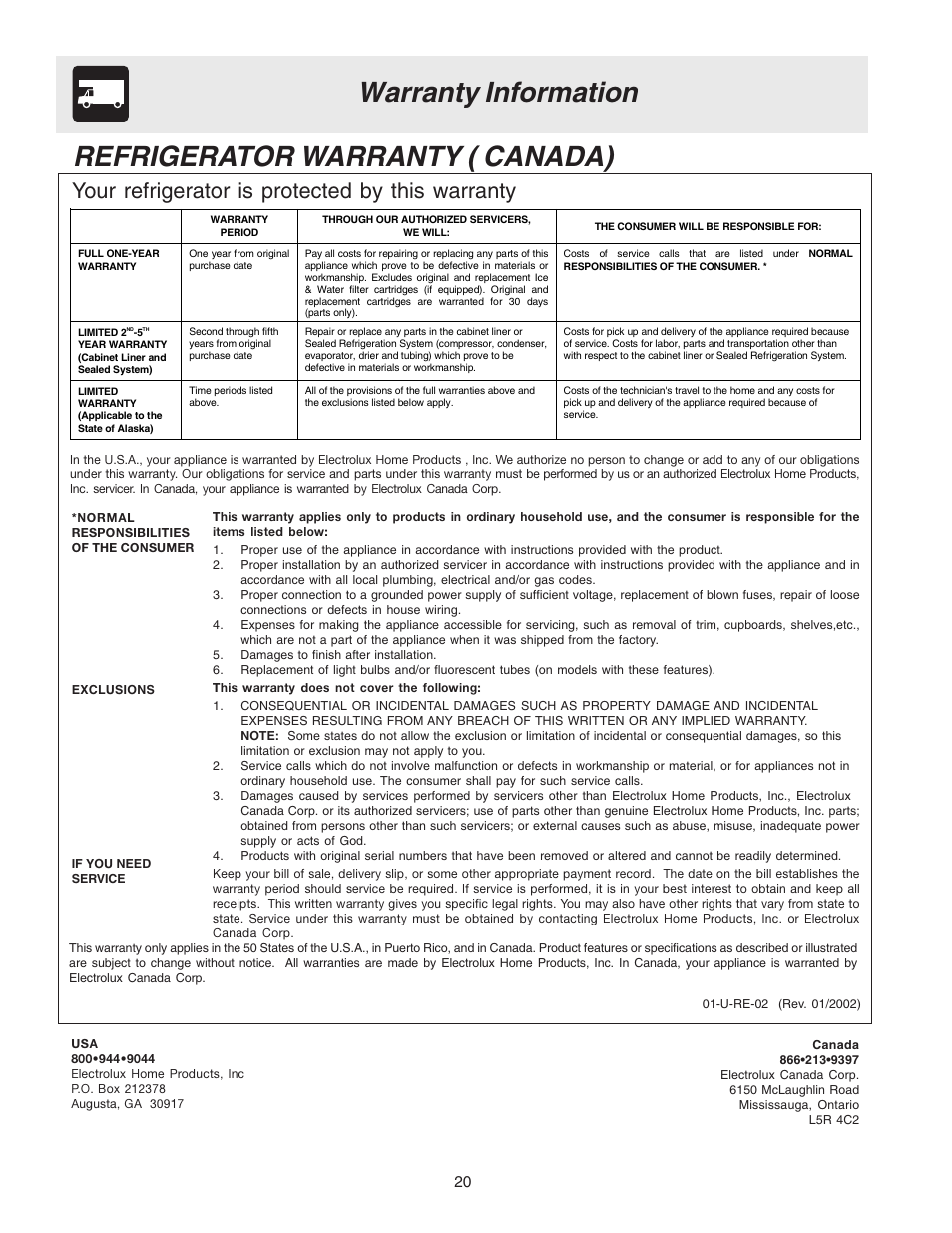 Your refrigerator is protected by this warranty | Electrolux - Gibson 241512200 User Manual | Page 20 / 24