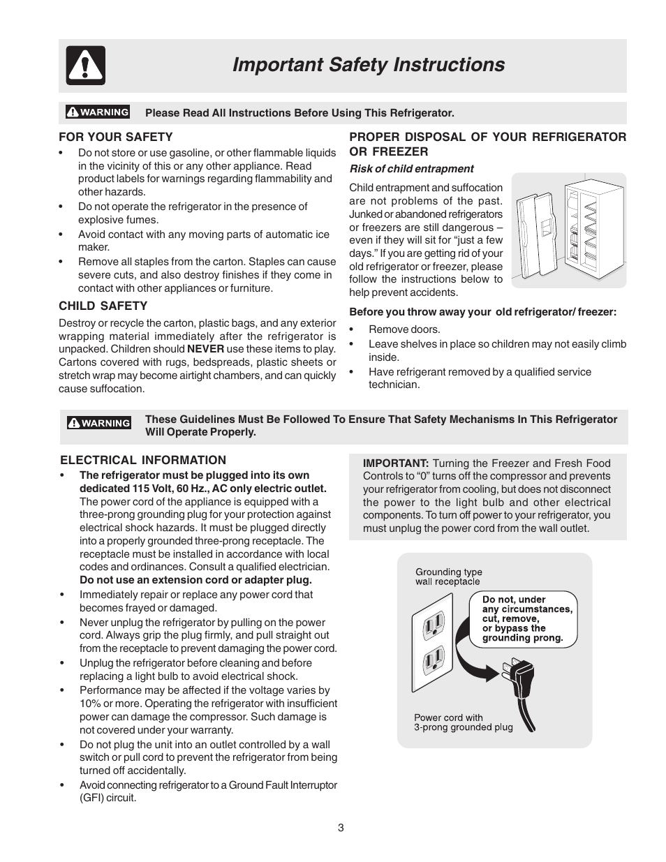 Important safety instructions | Electrolux - Gibson 241512200 User Manual | Page 3 / 24