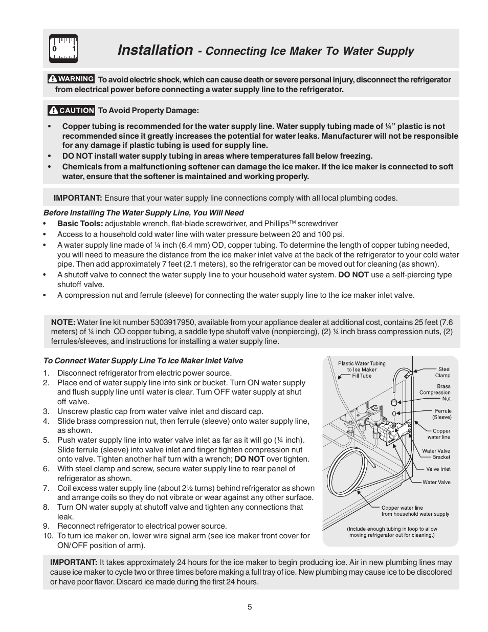 Installation, Connecting ice maker to water supply | Electrolux - Gibson 241512200 User Manual | Page 5 / 24