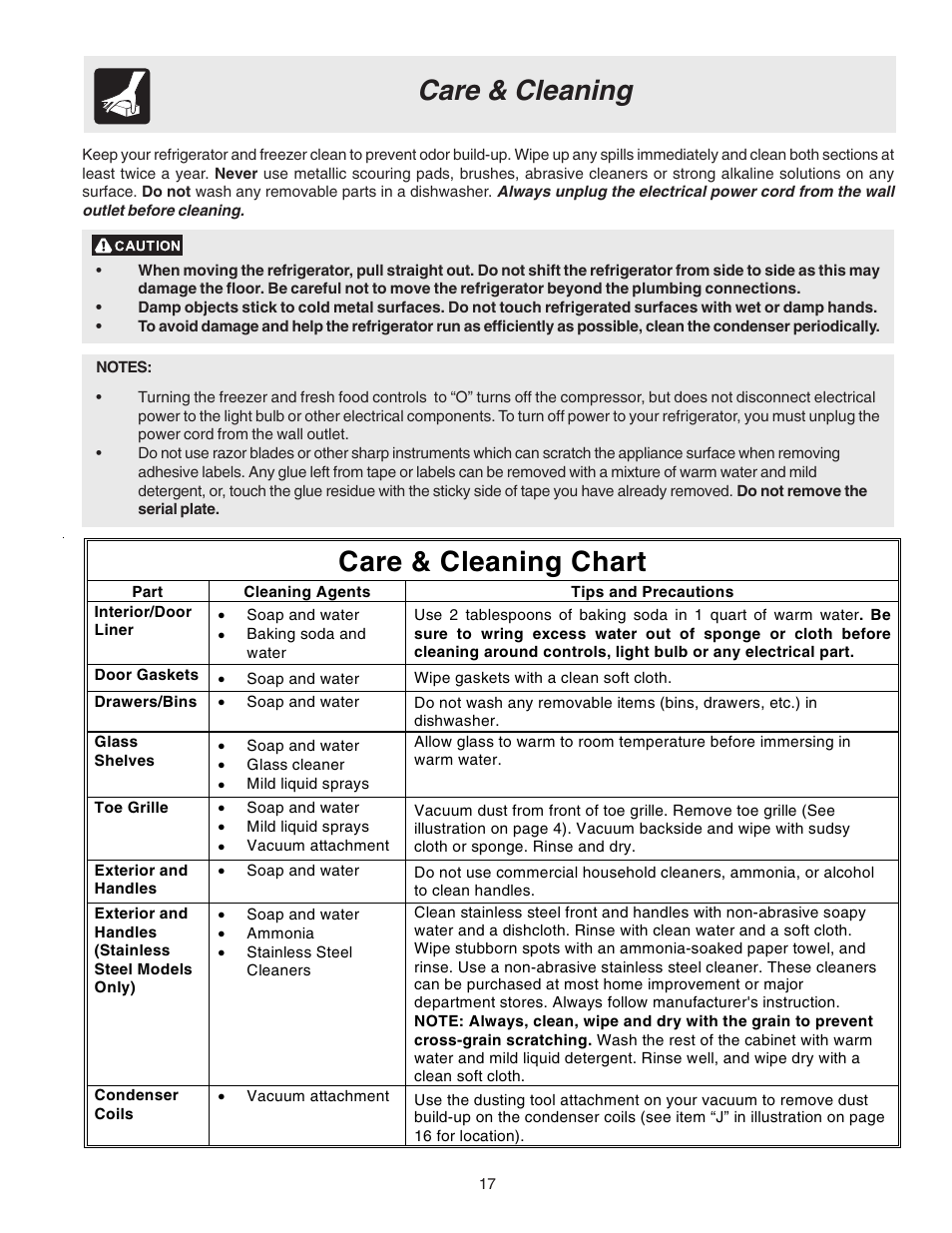 Care & cleaning, Care & cleaning chart | Electrolux - Gibson 241512200A User Manual | Page 17 / 24