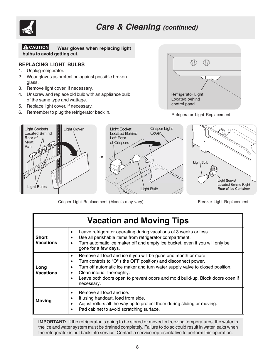 Care & cleaning, Vacation and moving tips, Continued) | Electrolux - Gibson 241512200A User Manual | Page 18 / 24