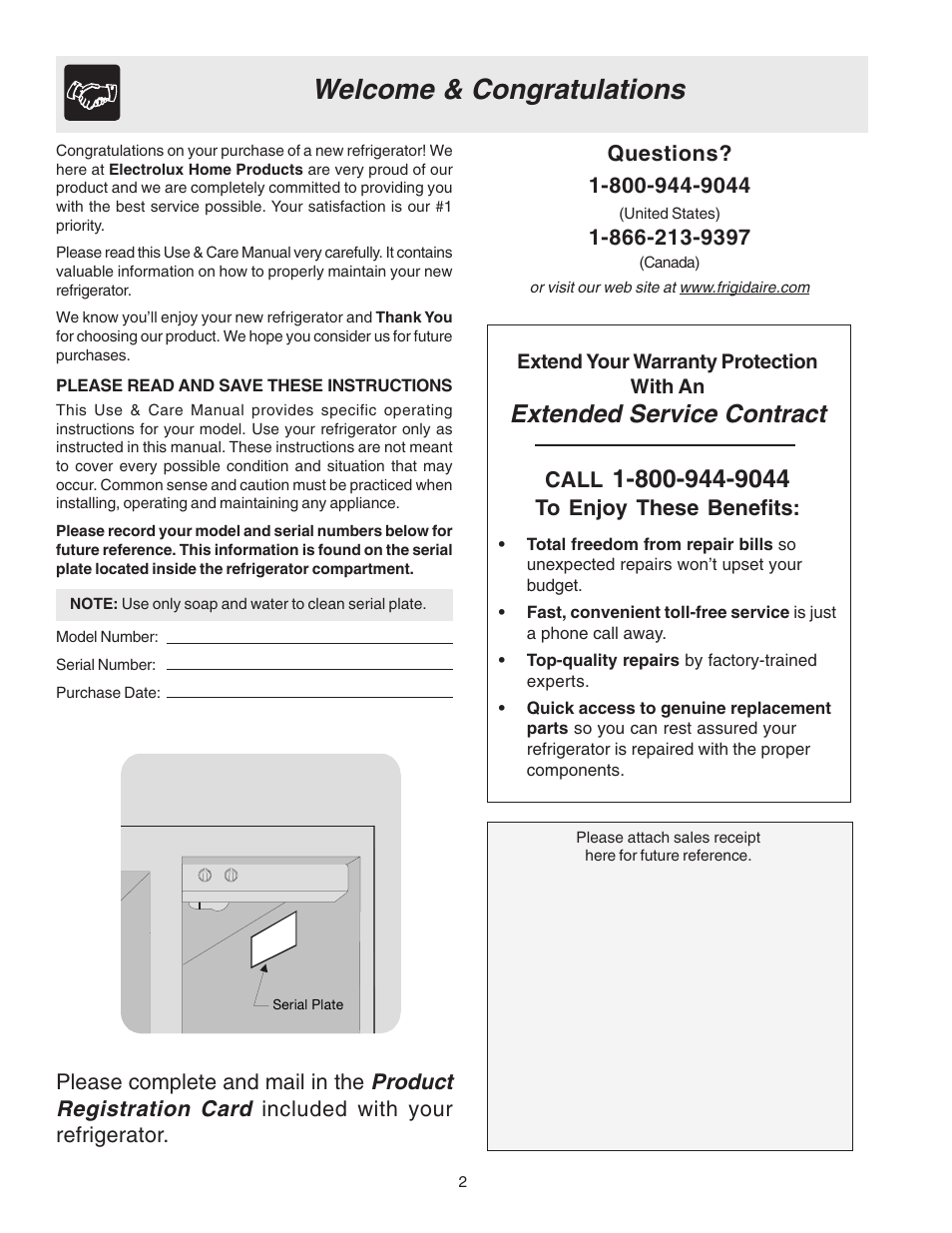 Extended service contract, Product registration card | Electrolux - Gibson 241512200A User Manual | Page 2 / 24