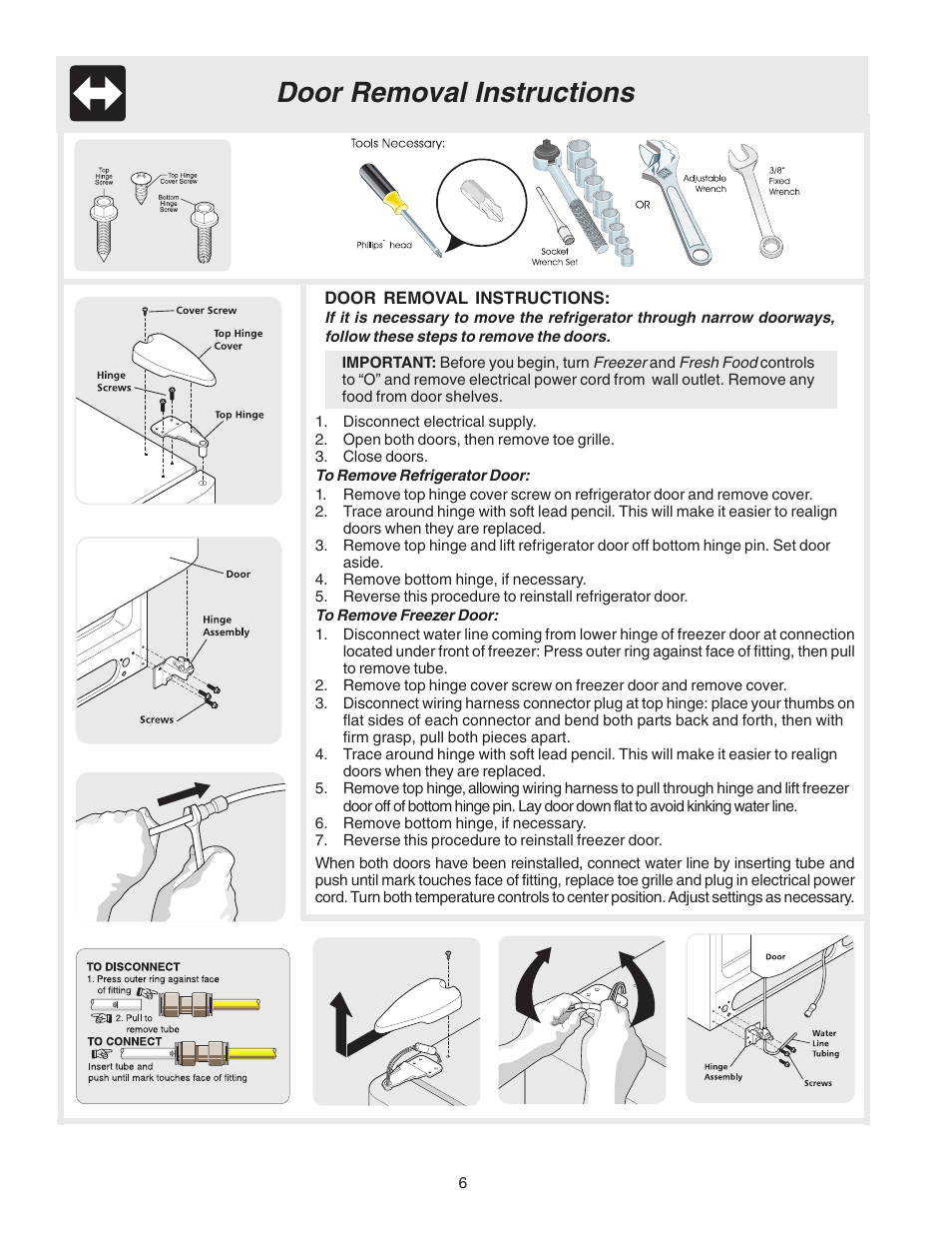 Door removal instructions | Electrolux - Gibson 241512200A User Manual | Page 6 / 24