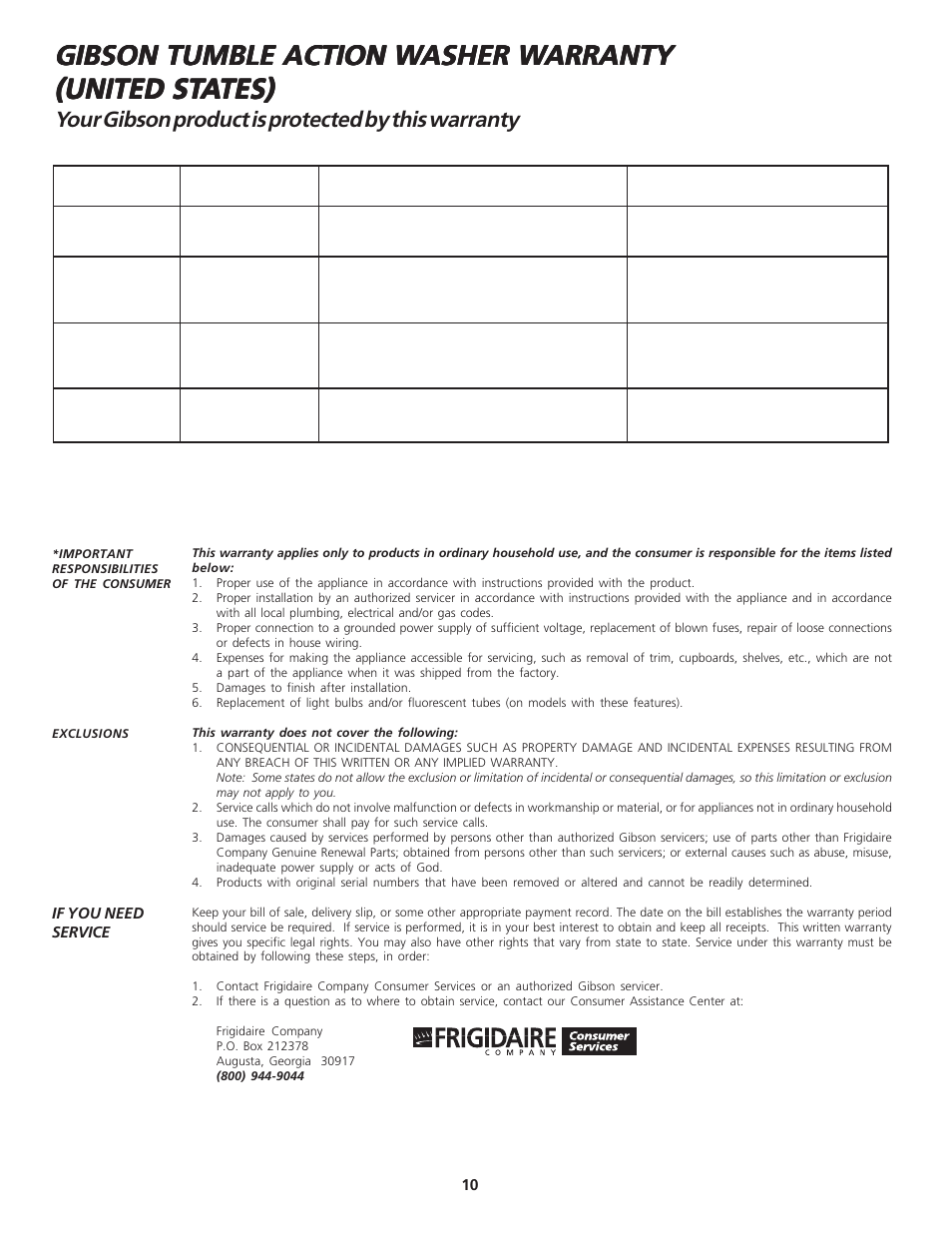 Gibson tumble action w, Your gibson product is protected by this warranty | Electrolux - Gibson 134032900A User Manual | Page 10 / 11