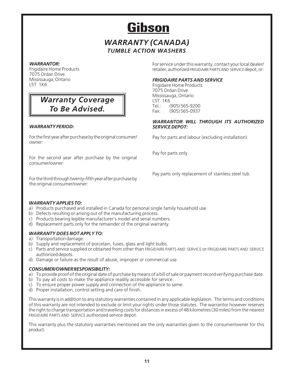 Warranty (canada), Warranty coverage to be advised | Electrolux - Gibson 134032900A User Manual | Page 11 / 11