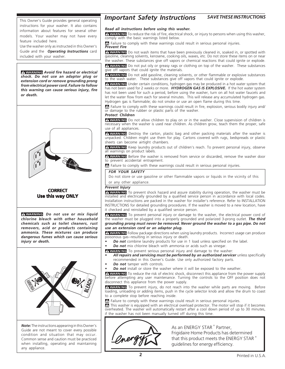 Important safety instructions | Electrolux - Gibson 134032900A User Manual | Page 2 / 11