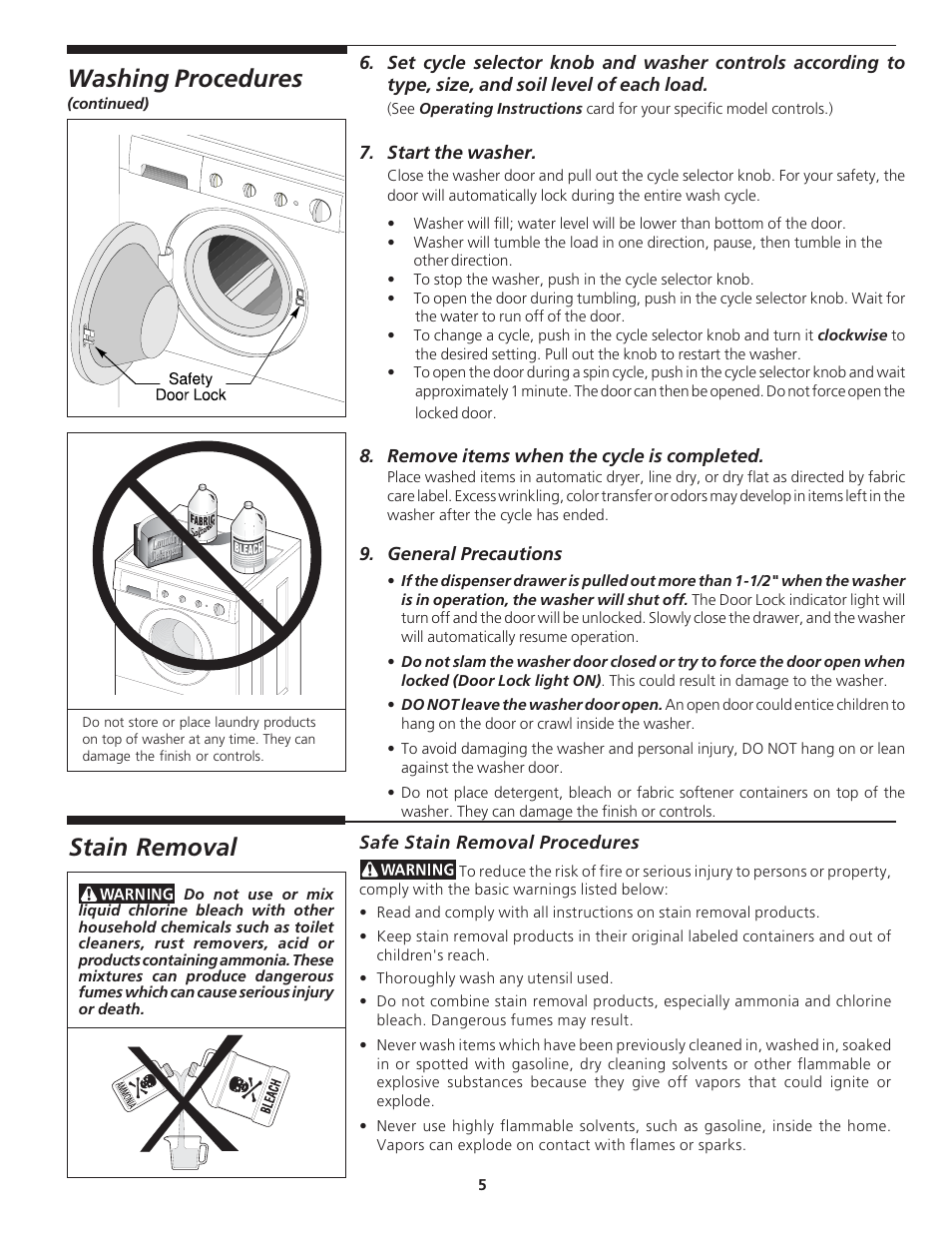 Washing procedures, Stain removal | Electrolux - Gibson 134032900A User Manual | Page 5 / 11