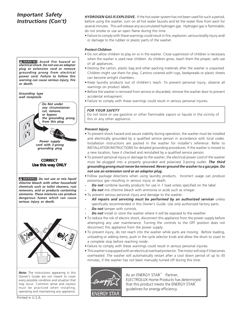 Important safety instructions (con't) | Electrolux - Gibson 134778800 User Manual | Page 3 / 11