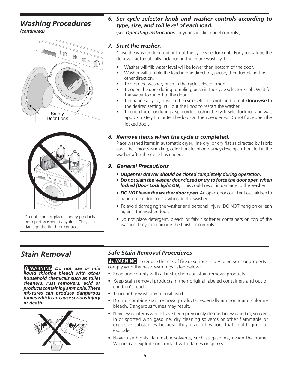 Washing procedures, Stain removal | Electrolux - Gibson 134674800 User Manual | Page 5 / 10