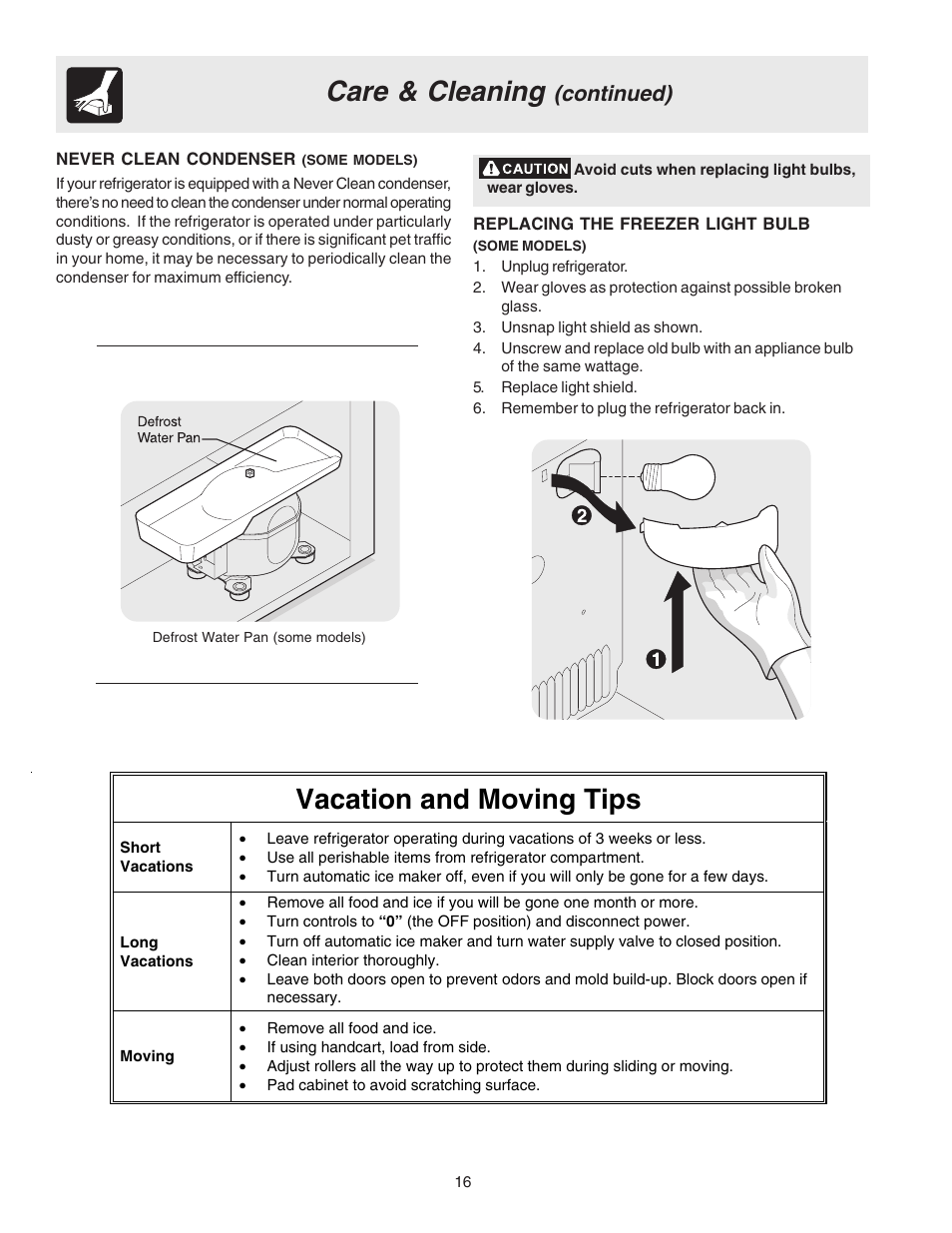 Care & cleaning, Vacation and moving tips, Continued) | Electrolux - Gibson 240435505 User Manual | Page 16 / 19