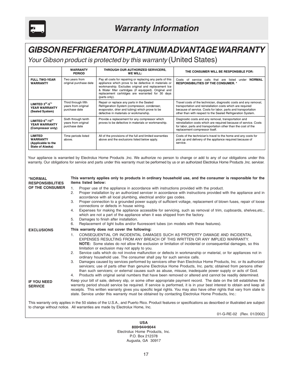 Warranty information, Gibson refrigerator platinum advantage warranty, United states) | Your gibson product is protected by this warranty | Electrolux - Gibson 240435505 User Manual | Page 17 / 19