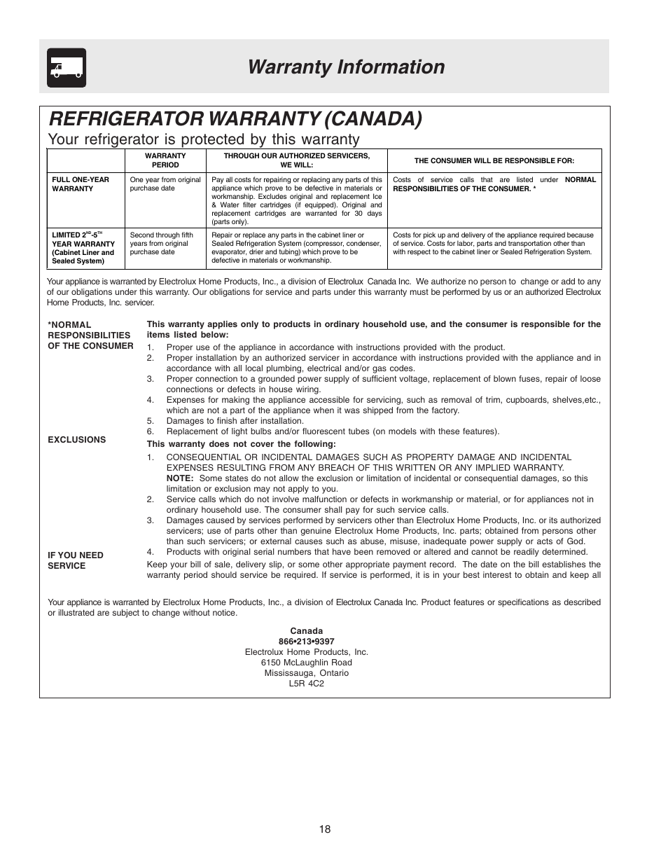 Refrigerator warranty (canada), Warranty information, Your refrigerator is protected by this warranty | Electrolux - Gibson 240435505 User Manual | Page 18 / 19