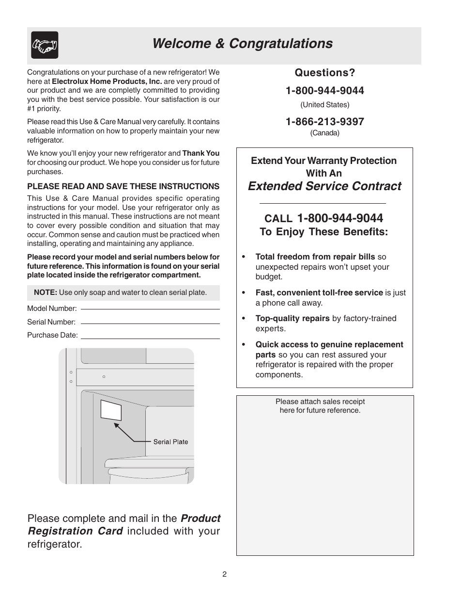 Extended service contract, Product registration card | Electrolux - Gibson 240435505 User Manual | Page 2 / 19