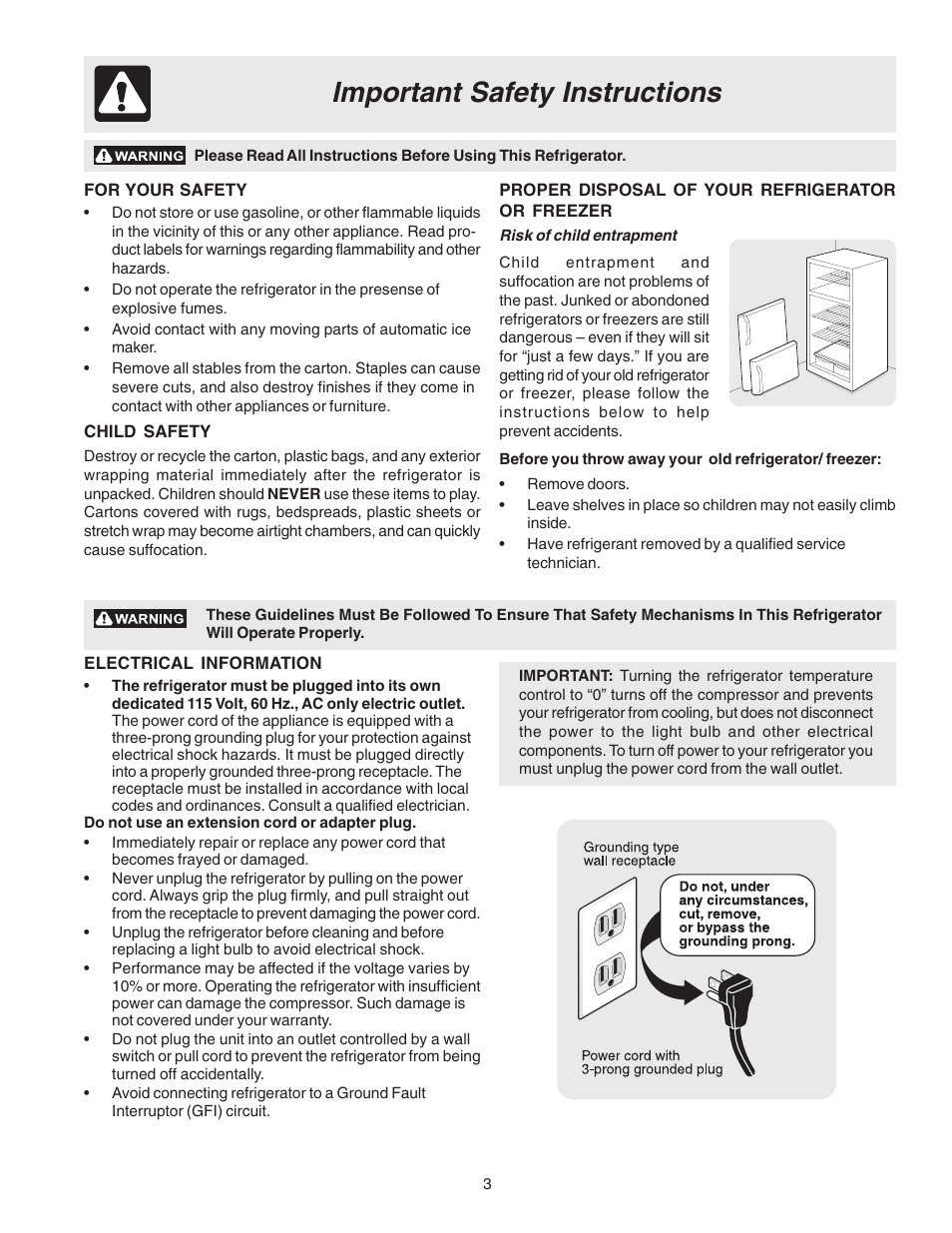 Important safety instructions | Electrolux - Gibson 240435505 User Manual | Page 3 / 19