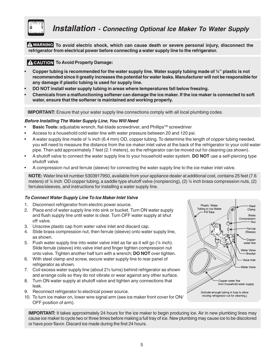 Installation, Connecting optional ice maker to water supply | Electrolux - Gibson 240435505 User Manual | Page 5 / 19