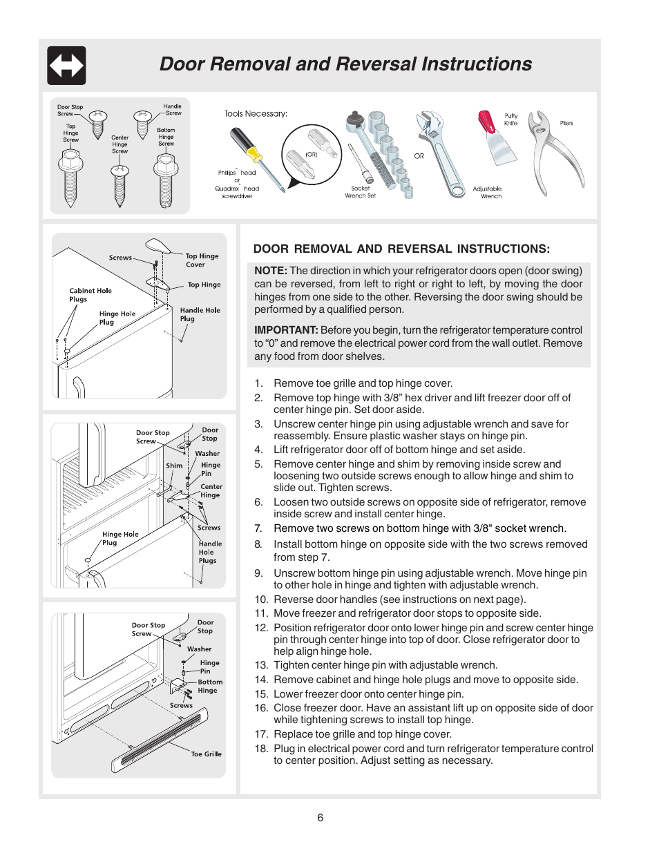 Door removal and reversal instructions | Electrolux - Gibson 240435505 User Manual | Page 6 / 19