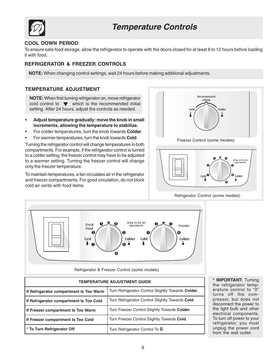 Temperature controls, Cool down period, Refrigerator & freezer controls | Temperature adjustment | Electrolux - Gibson 240435505 User Manual | Page 9 / 19